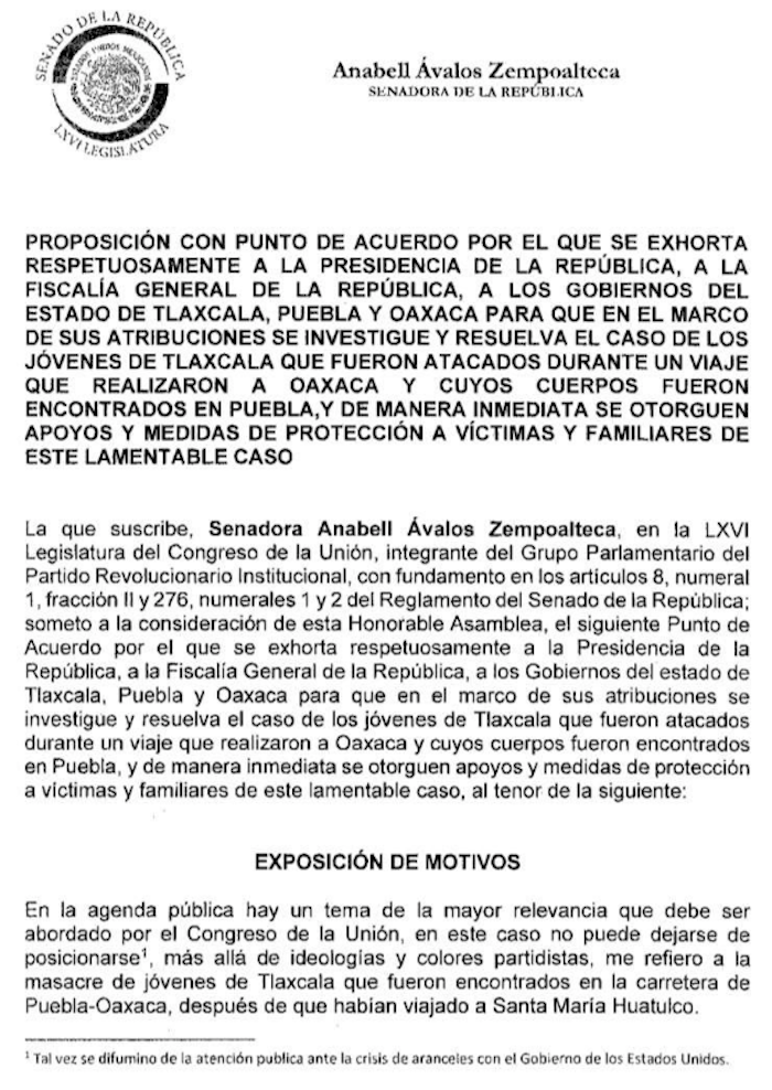 Propuesta de Anabell Ávalos Zempoalteca, Senadora del Partido Revolucionario Institucional (PRI)