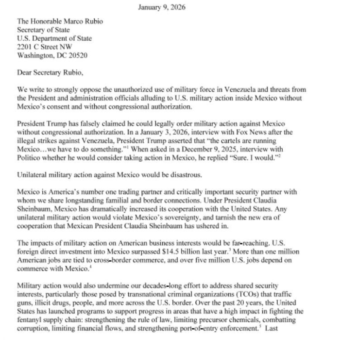 Legisladores enviaron este viernes una carta dirigida al Secretario de EU, Marco Rubio, en la que expresaron su rechazo al uso de la fuerza militar en México.