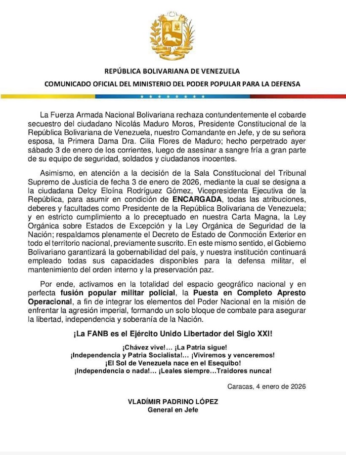 El ejército de Venezuela afirmó que garantiza la continuidad democrática al respaldar a Delcy Rodríguez como Presidenta encargada tras el secuestro de Maduro.