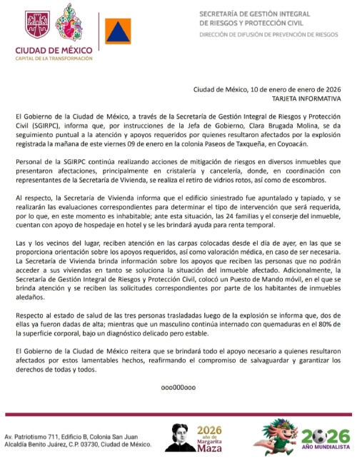 La Secretaría de la Vivienda de la CdMx informó que el edificio afectado por la explosión en la Alcaldía Coyoacán se encuentra inhabitable por el momento.
