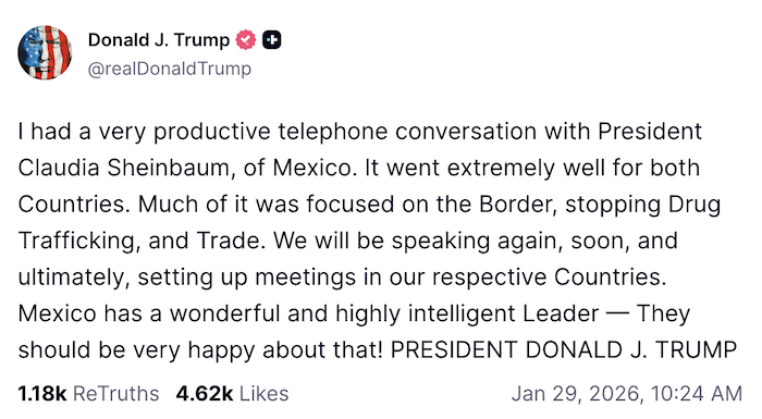 Donald Trump elogió este jueves a Claudia Sheinbaum después de haber sostenido "una productiva y cordial conversación" de 40 minutos, a la cual se sumó Melania.