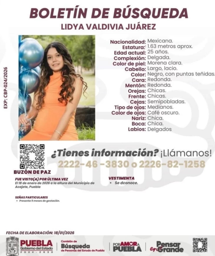 Desaparece joven embarazada en Acajete, Puebla.