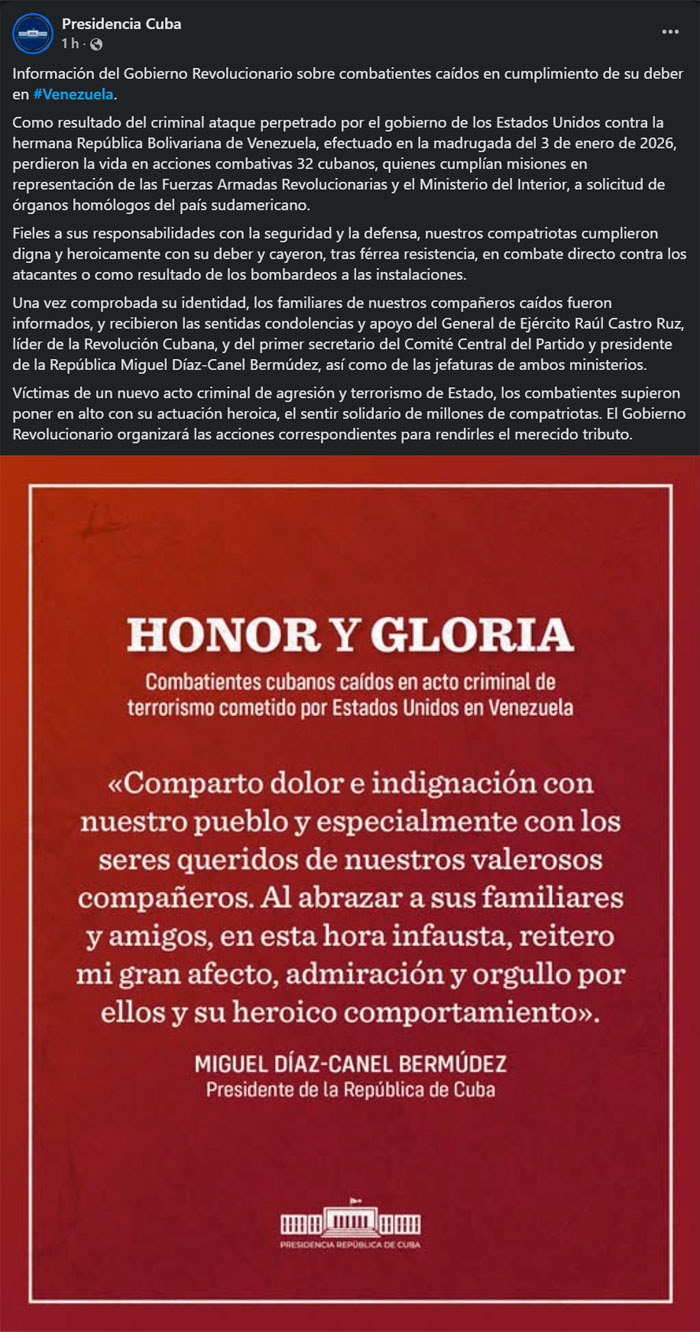 Gobierno de Cuba revela que 32 connacionales fallecieron en el ataque de EU a Venezuela