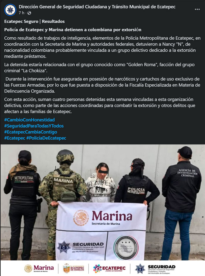 Nancy "N", colombiana vinculada a La Chokiza es detenida en Ecatepec