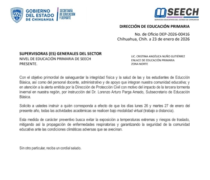Las secretarias de Educación de Puebla y Chihuahua anunciaron ayer la suspensión de clases presenciales para los días 26 y 27 de enero por bajas temperaturas.