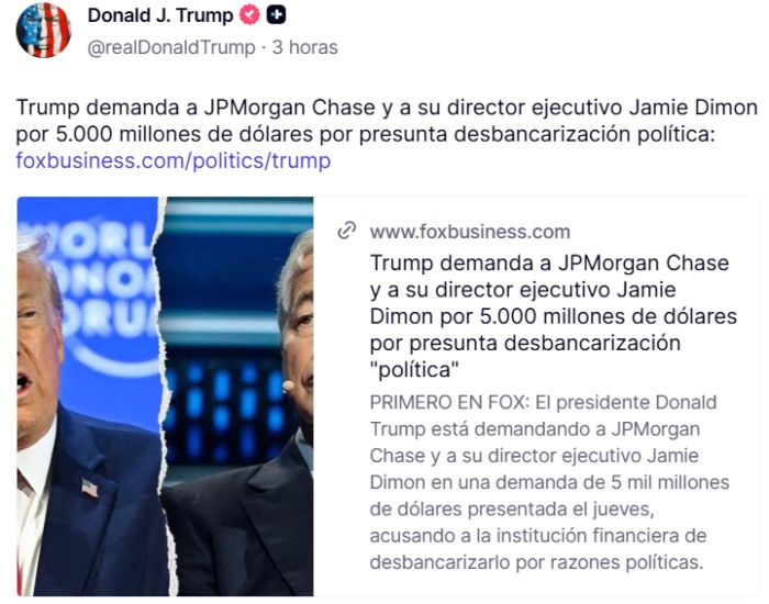 El Presidente de EU, Donald Trump, demandó este jueves al banco JP Morgan Chase (JPMC) y a su director general, Jamie Dimon, por cinco mil millones de dólares.