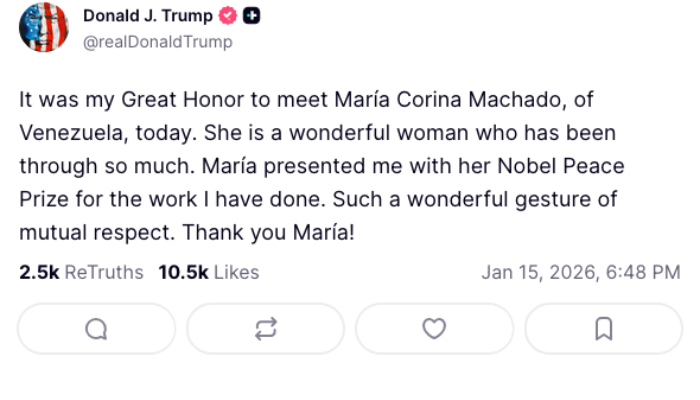 Trump acepta Premio Nobel de Machado