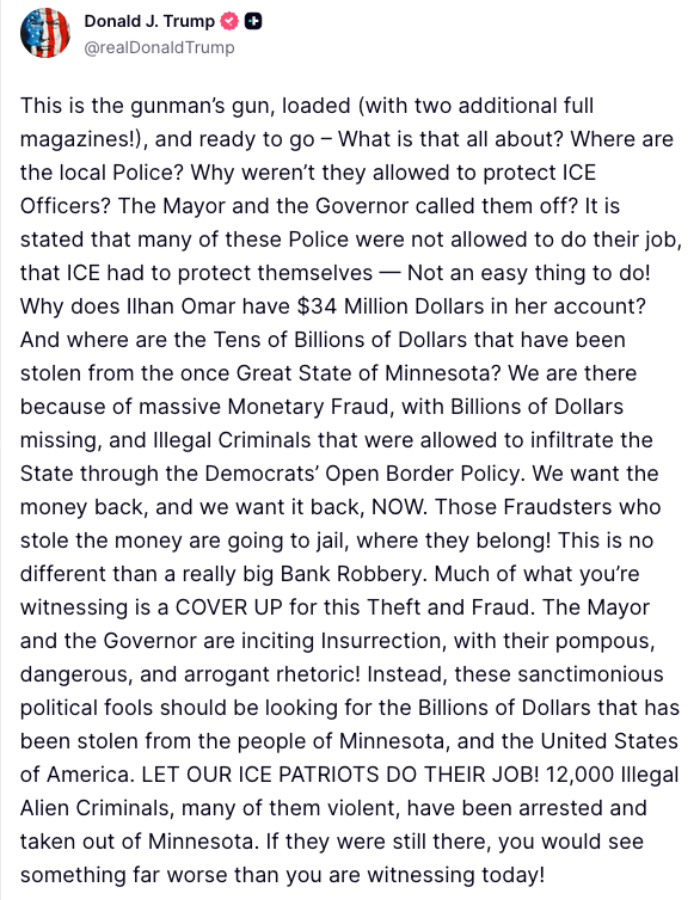 Trump reaccina a asesinato en Minnesota.