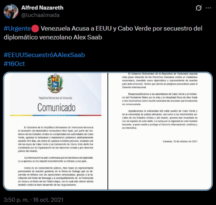 Venezuela acusa a Estados Unidos de tortura contra un diplomático.
