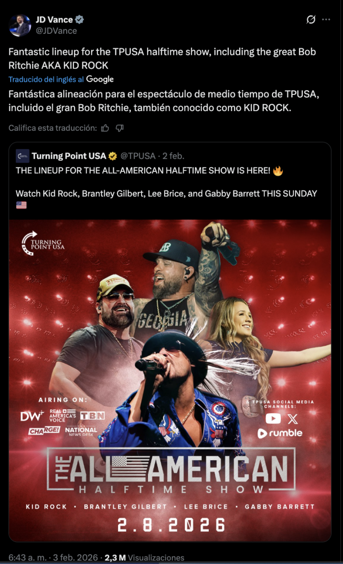 JD Vance promociona show alternativo a Bad Bunny en el Super Bowl