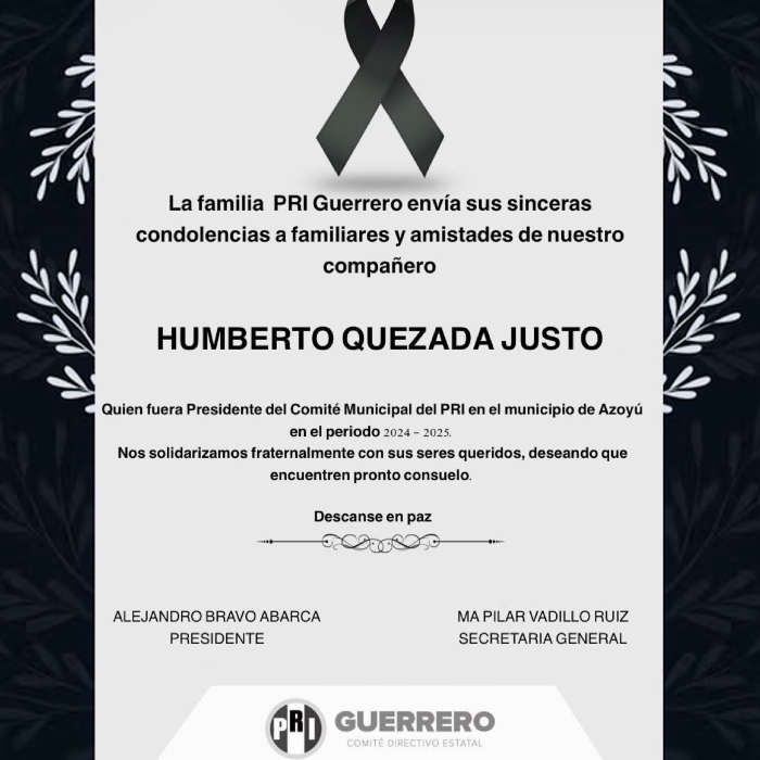 Humberto Quezada Justo, director de una escuela primaria y exdirigente municipal del PRI en Azoyú, Guerrero, fue asesinado a balazos este jueves.