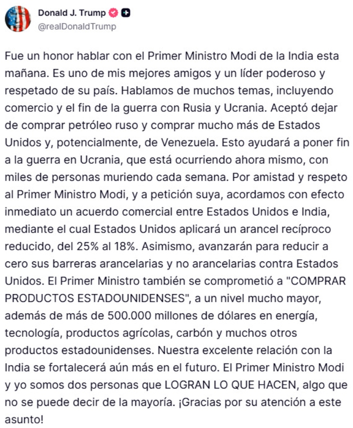 El Presidente de EU, Donald Trump, anunció un acuerdo comercial con la India por el cual reducirá los aranceles a sus importaciones del 25 al 18 por ciento.