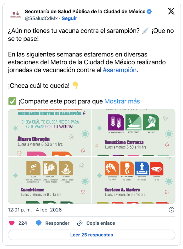La Secretaría de Salud de la Ciudad de México anunció que el Metro será sede de jornadas de vacunación contra el sarampión. ¿En que estaciones las encontrarás?